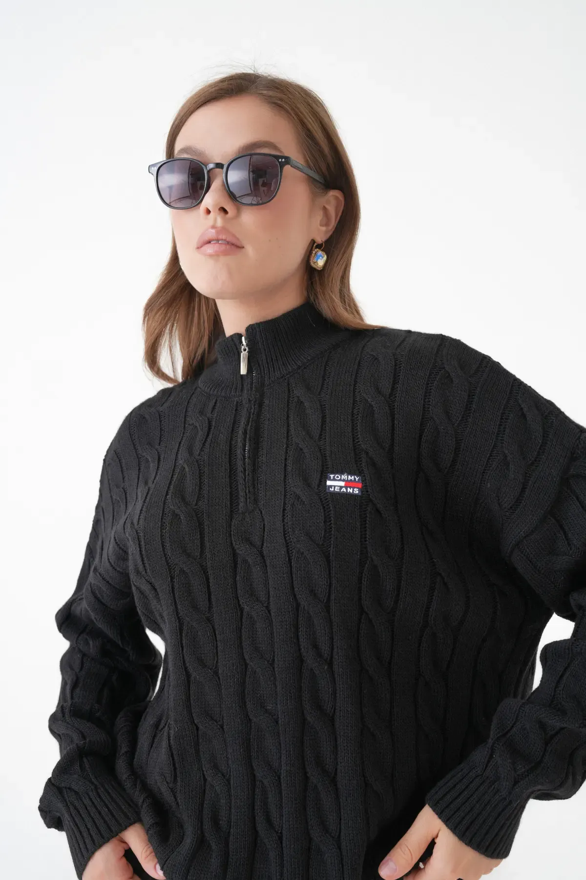 Kadın Dik Yaka Yarım Pat Fermuar Triko Kazak 8635