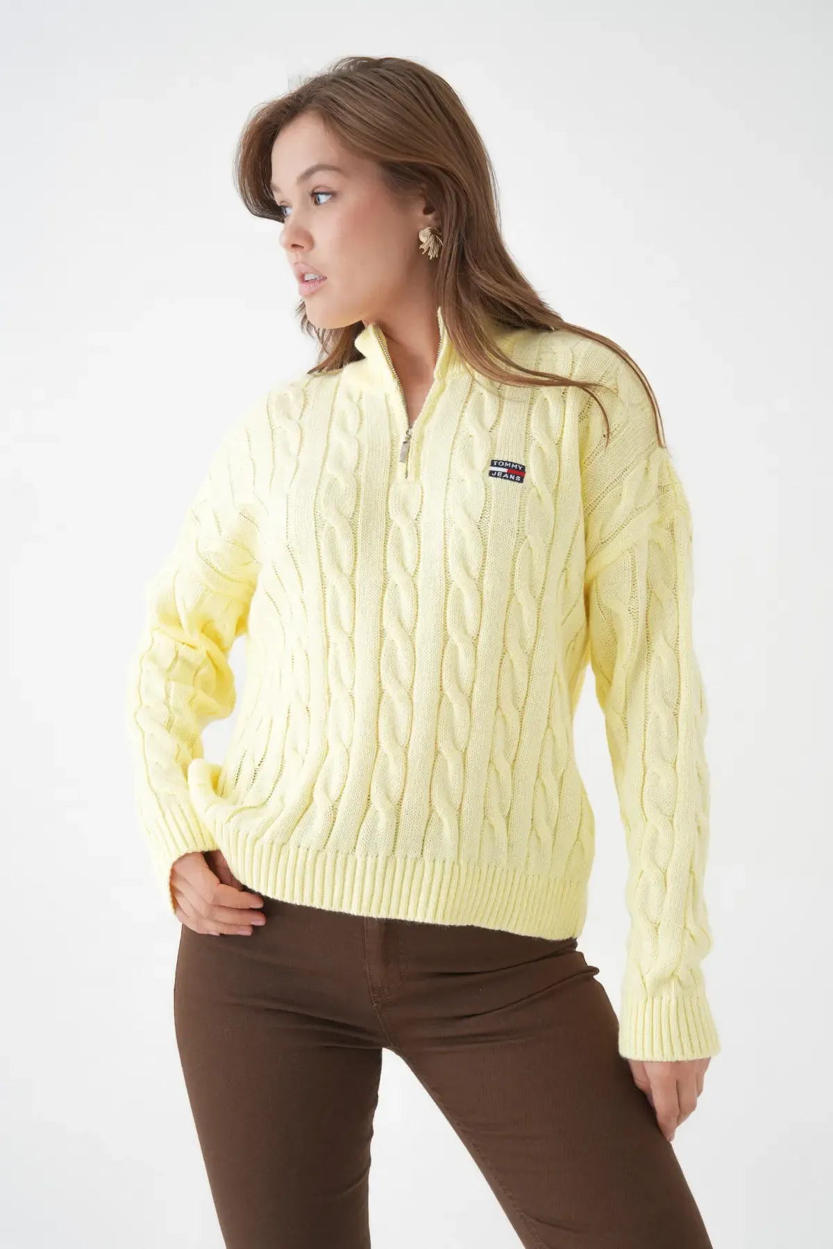 Kadın Dik Yaka Yarım Pat Fermuar Triko Kazak 8635