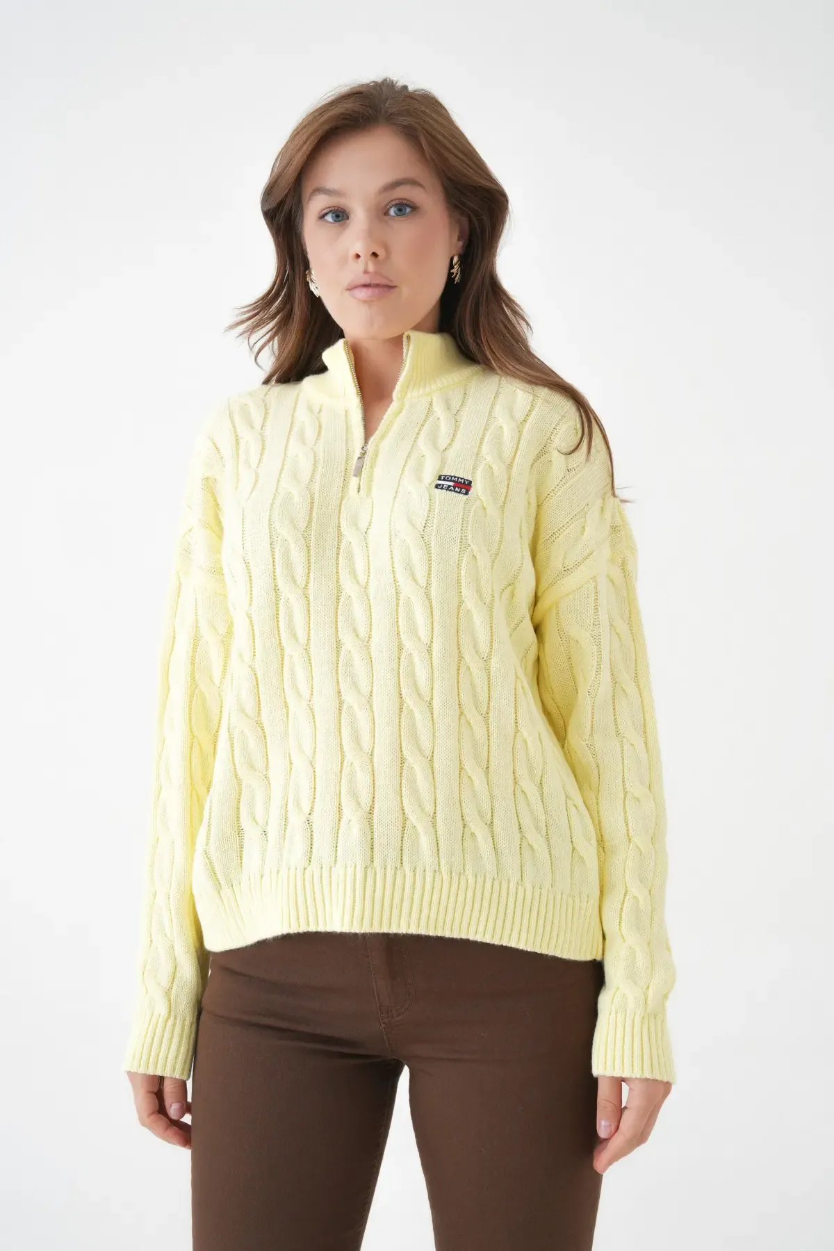 Kadın Dik Yaka Yarım Pat Fermuar Triko Kazak 8635