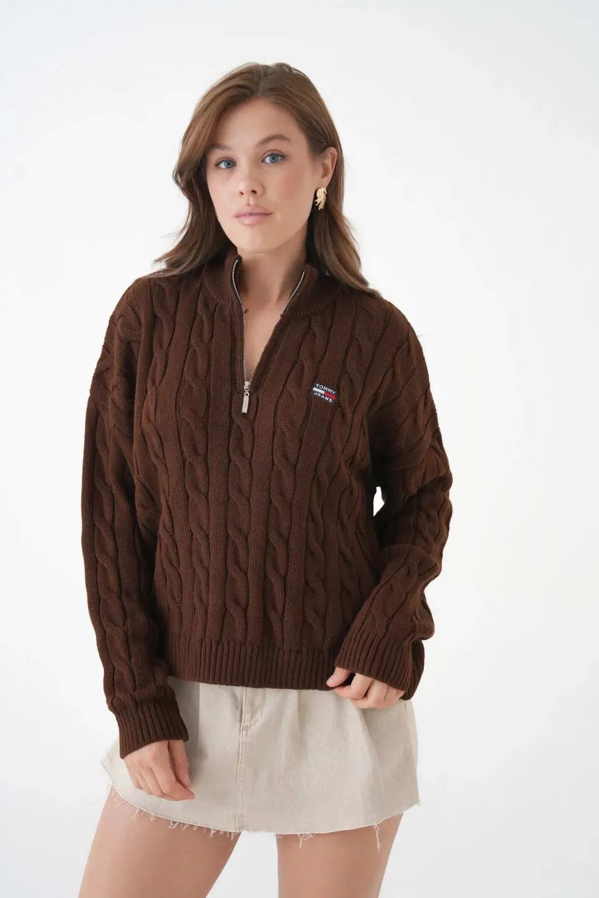 Kadın Dik Yaka Yarım Pat Fermuar Triko Kazak 8635