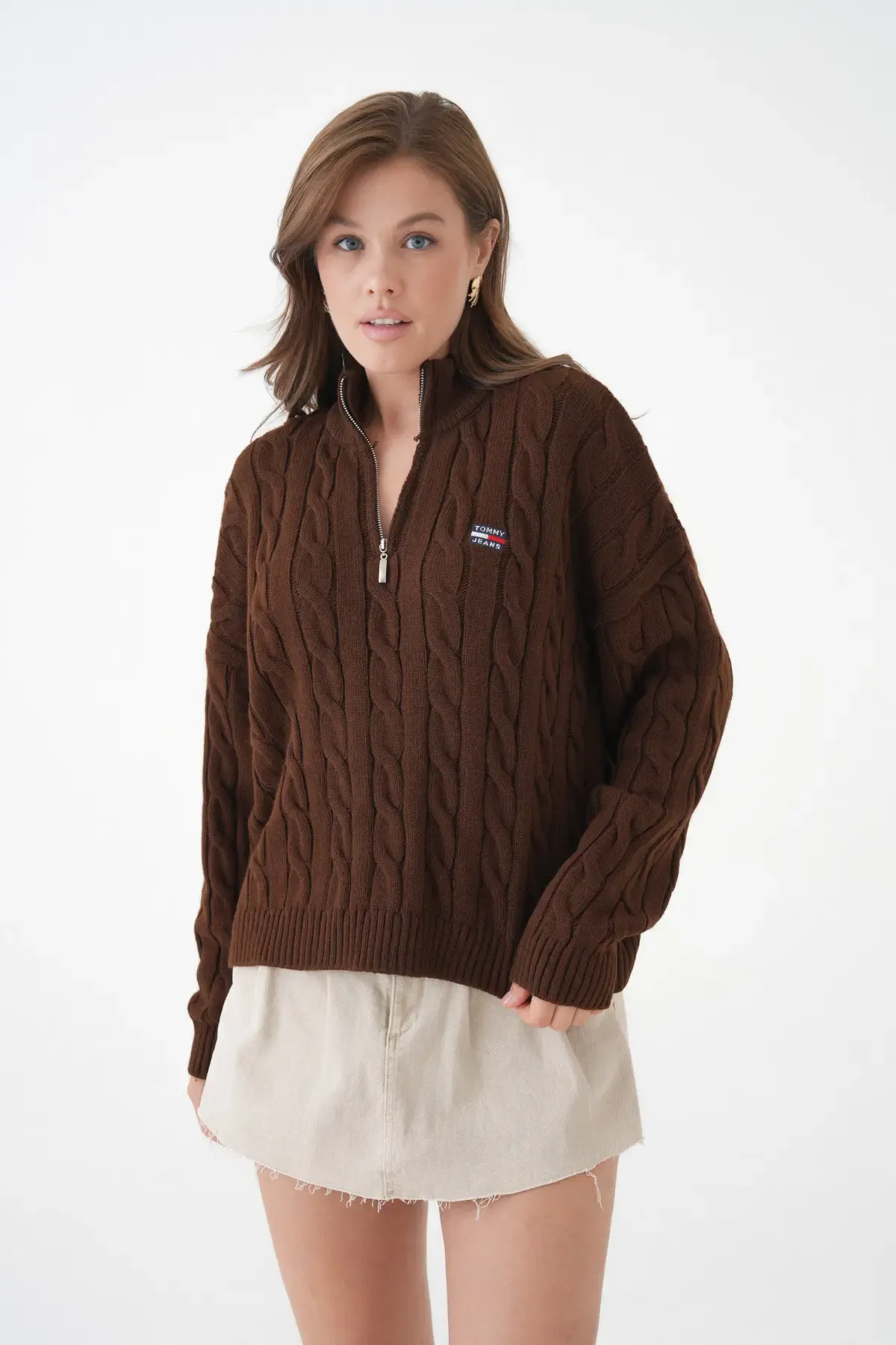 Kadın Dik Yaka Yarım Pat Fermuar Triko Kazak 8635