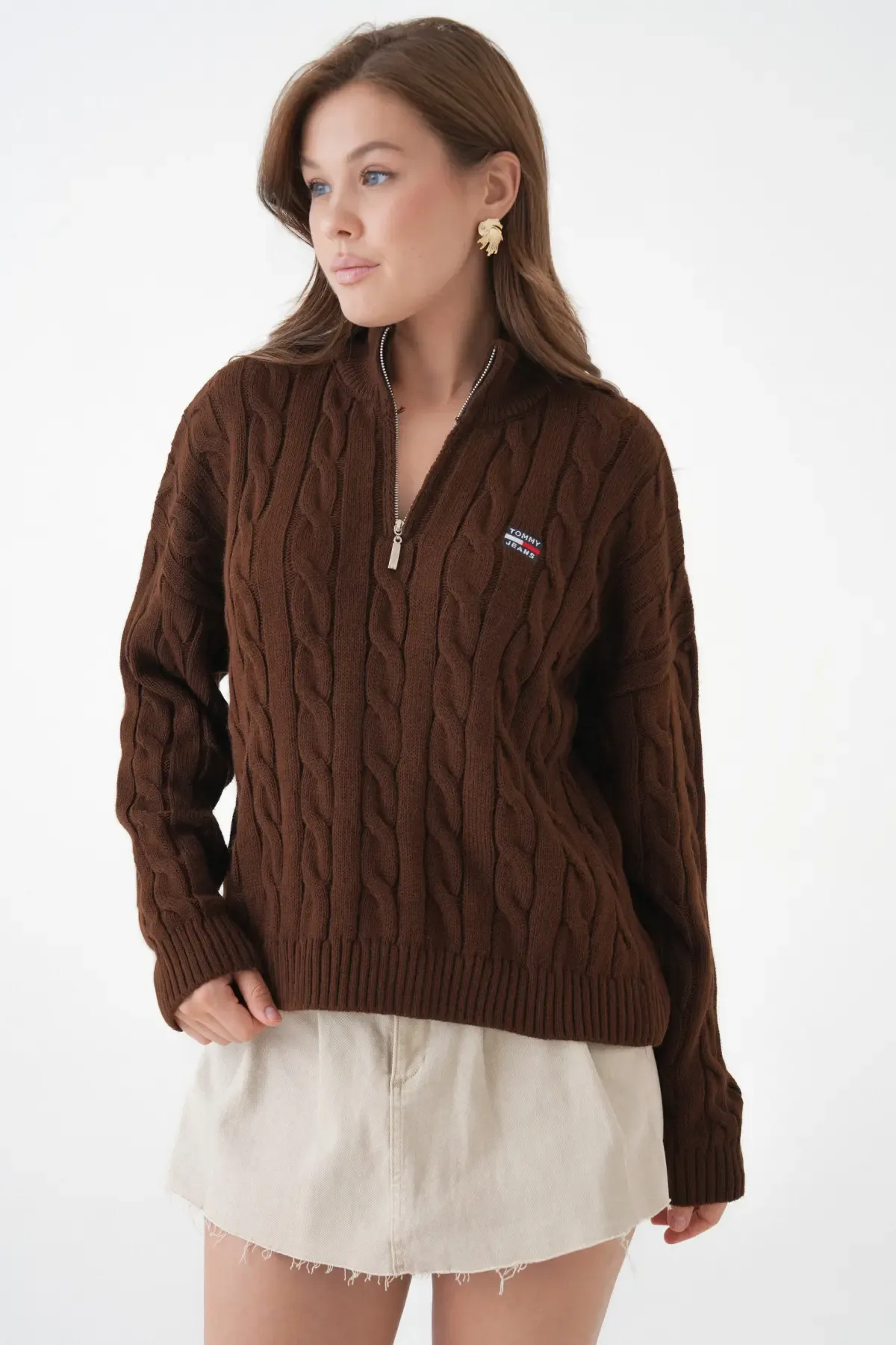 Kadın Dik Yaka Yarım Pat Fermuar Triko Kazak 8635