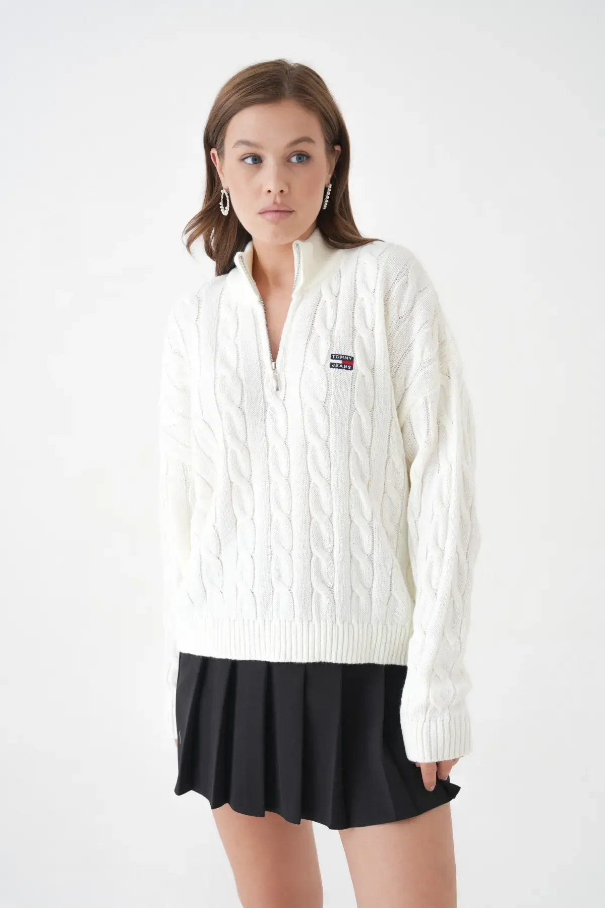 Kadın Dik Yaka Yarım Pat Fermuar Triko Kazak 8635