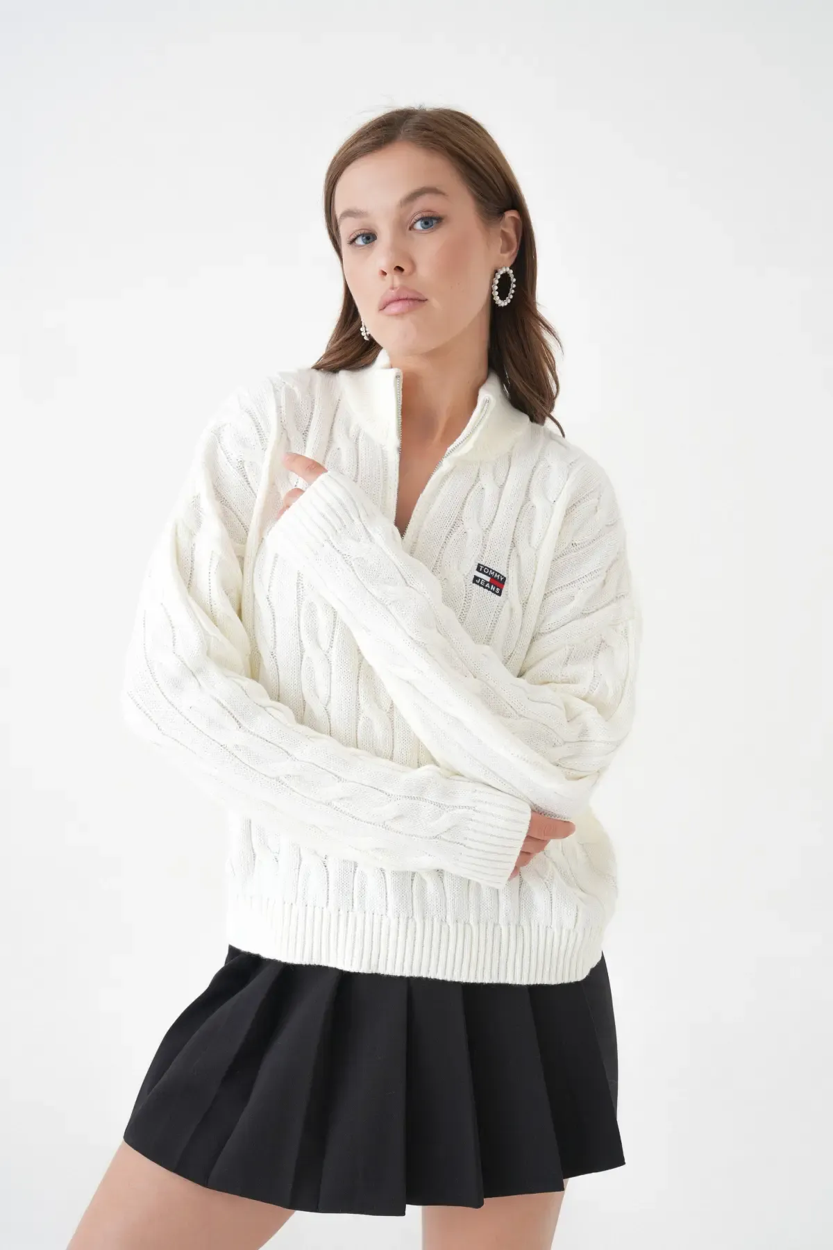 Kadın Dik Yaka Yarım Pat Fermuar Triko Kazak 8635