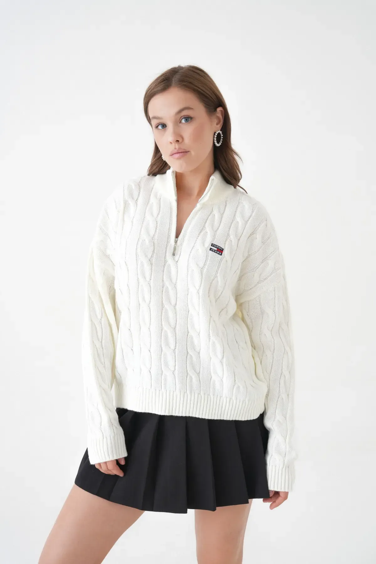 Kadın Dik Yaka Yarım Pat Fermuar Triko Kazak 8635