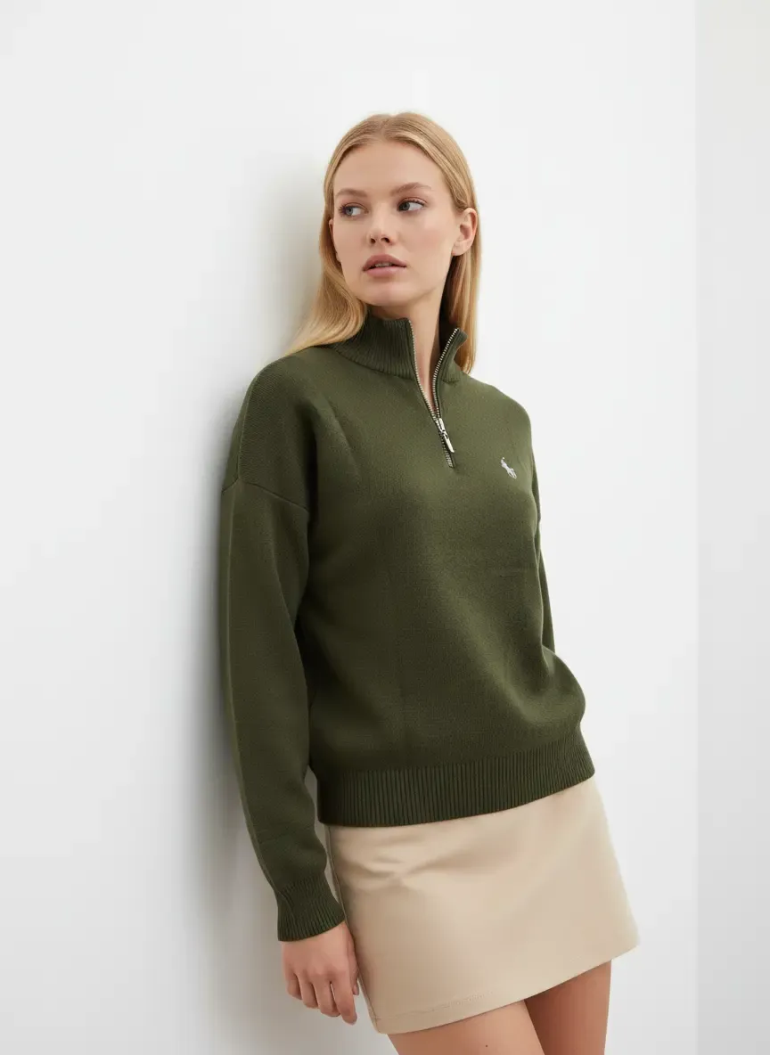 Kadın Dik Yaka Yarım Pat Fermuar Yumuşak Dokulu Triko Kazak 10536