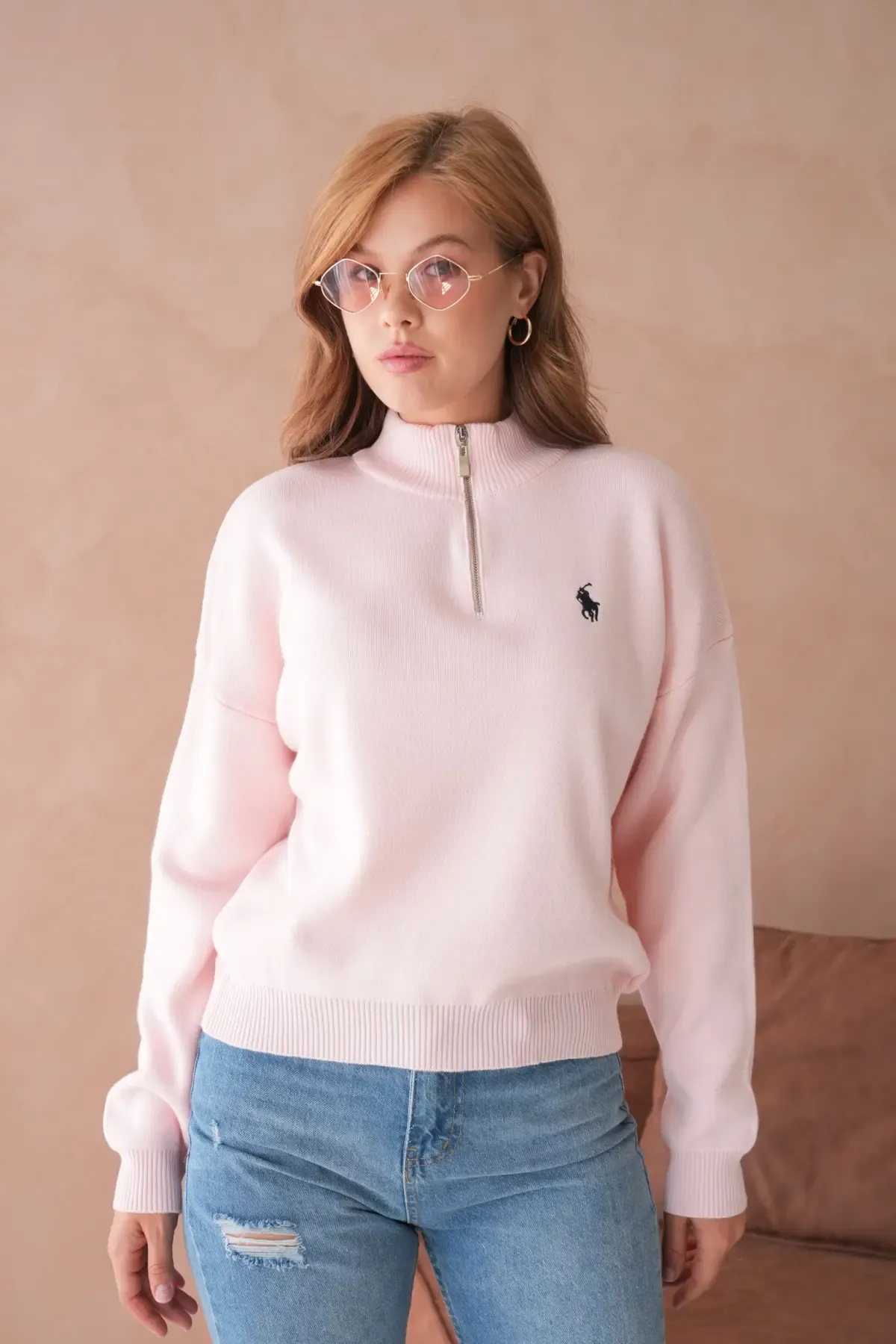 Kadın Dik Yaka Yarım Pat Fermuar Yumuşak Dokulu Triko Kazak 10536