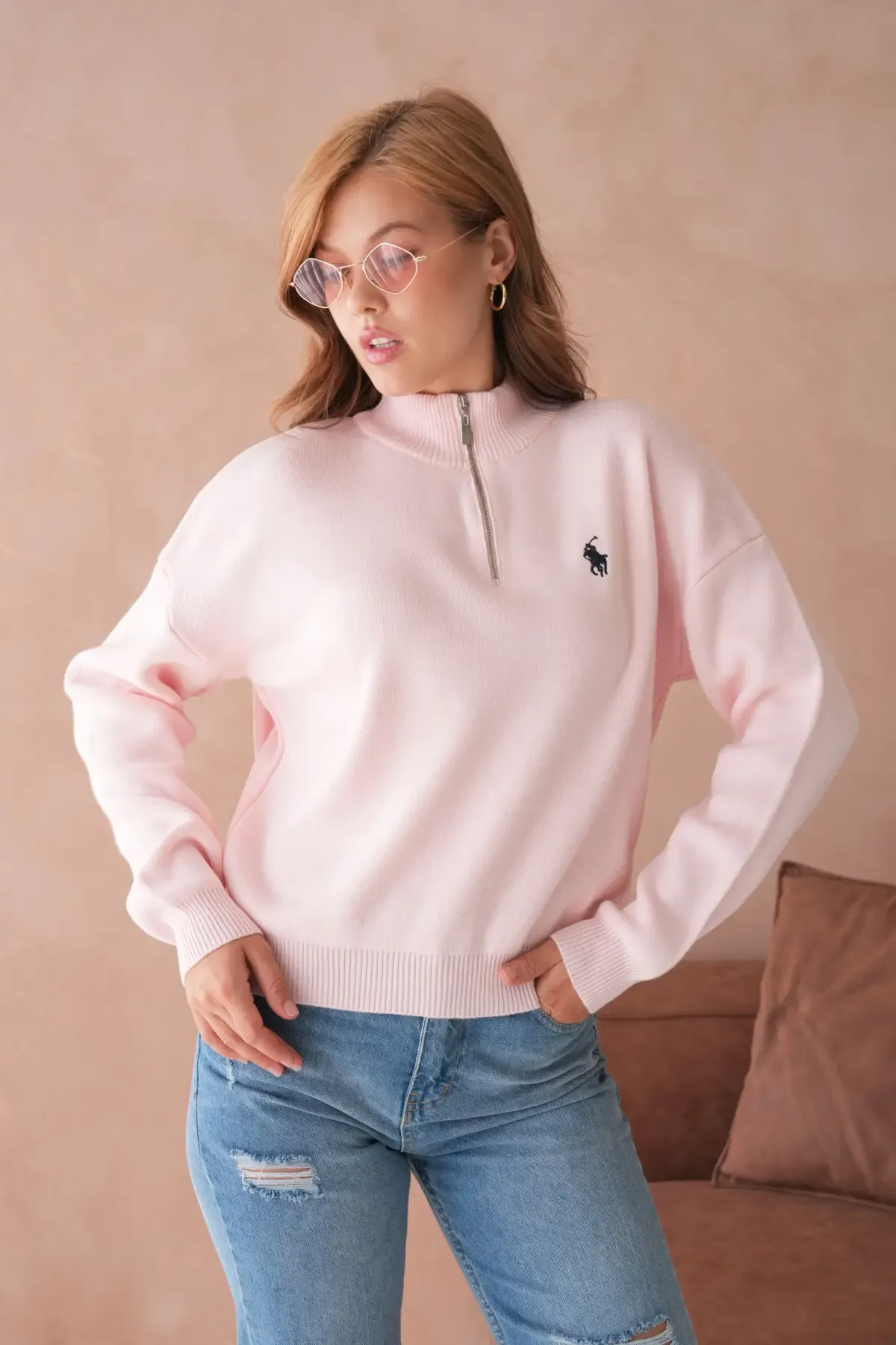 Kadın Dik Yaka Yarım Pat Fermuar Yumuşak Dokulu Triko Kazak 10536