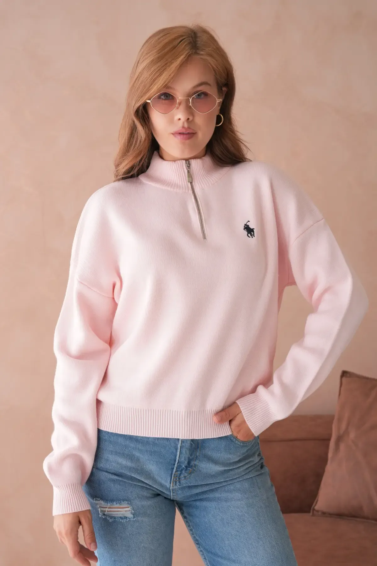 Kadın Dik Yaka Yarım Pat Fermuar Yumuşak Dokulu Triko Kazak 10536