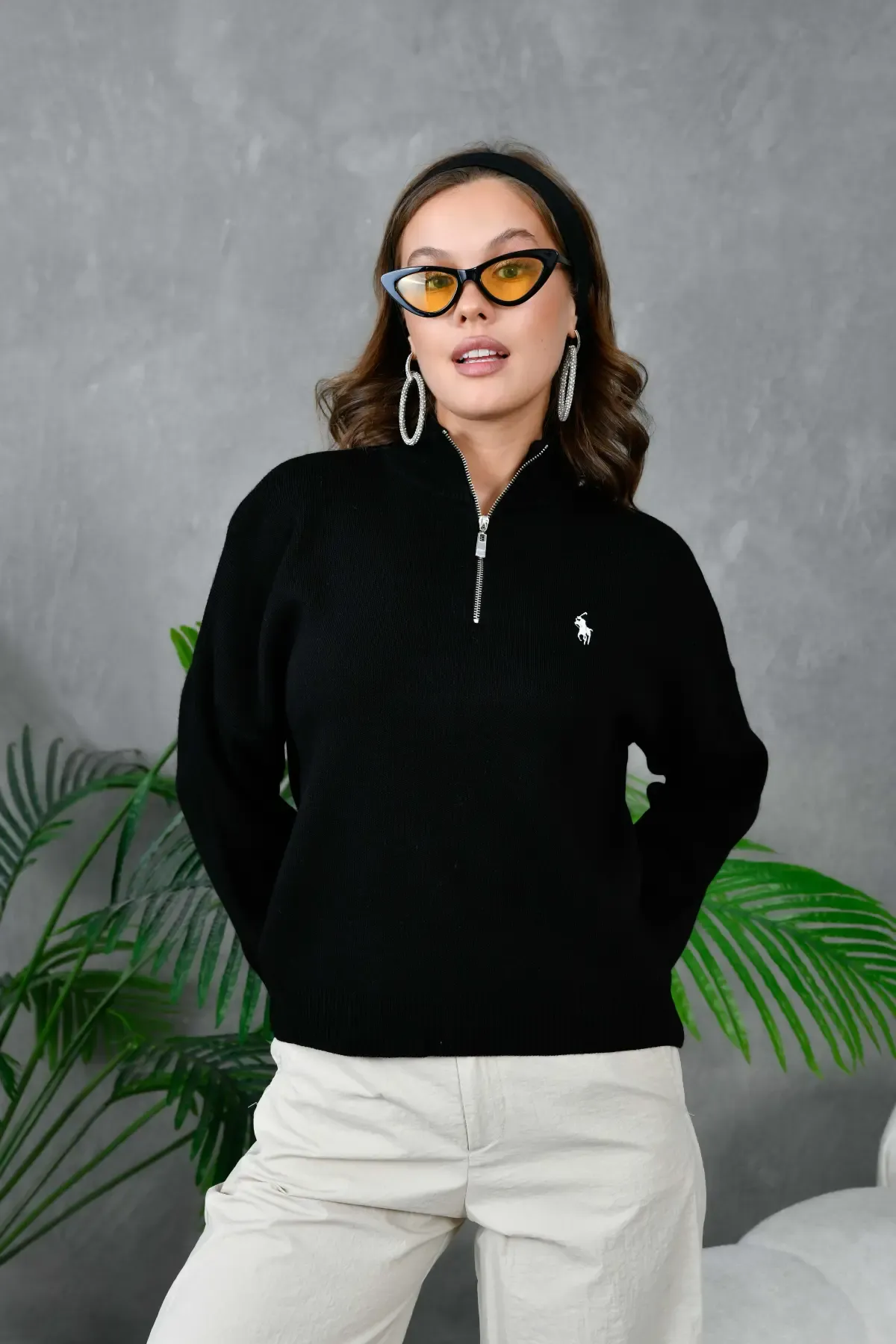 Kadın Dik Yaka Yarım Pat Fermuar Yumuşak Dokulu Triko Kazak 10536