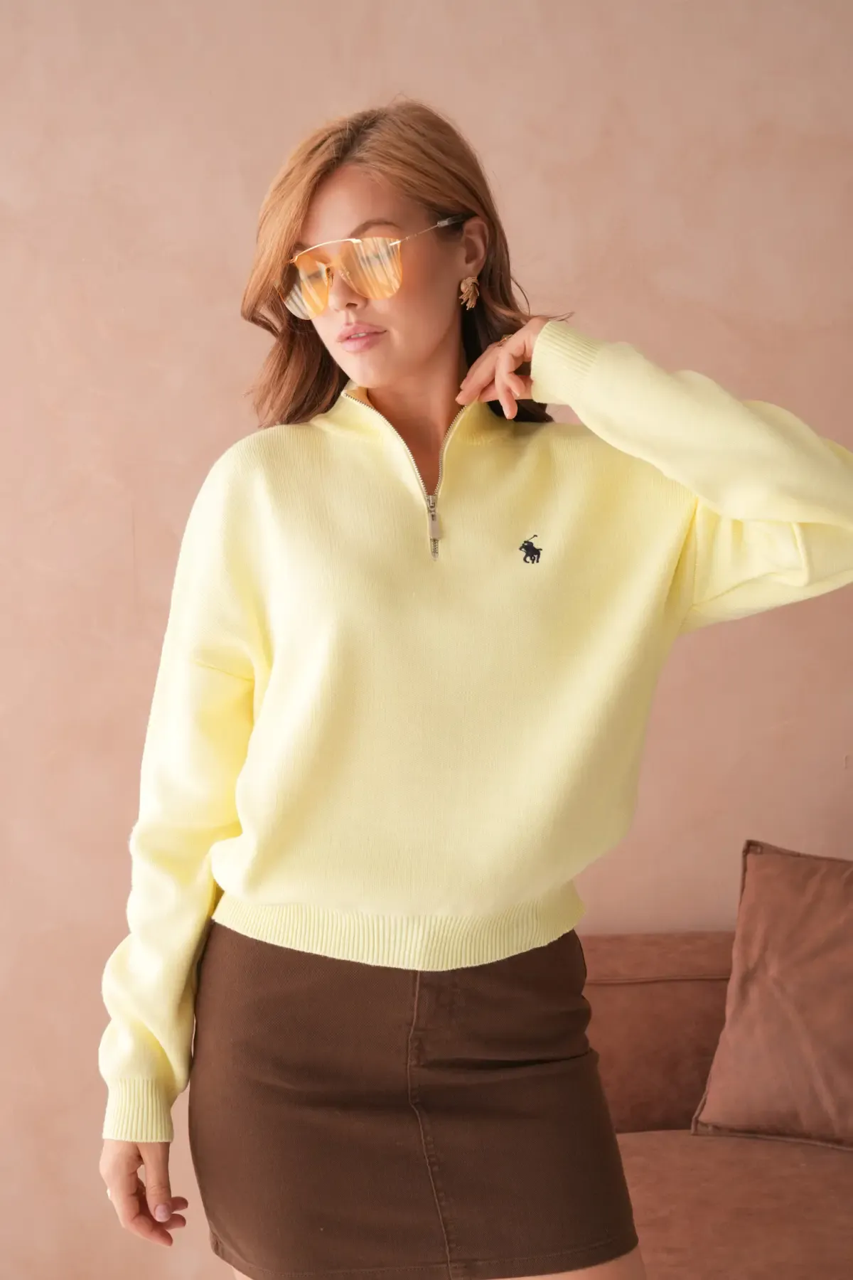 Kadın Dik Yaka Yarım Pat Fermuar Yumuşak Dokulu Triko Kazak 10536