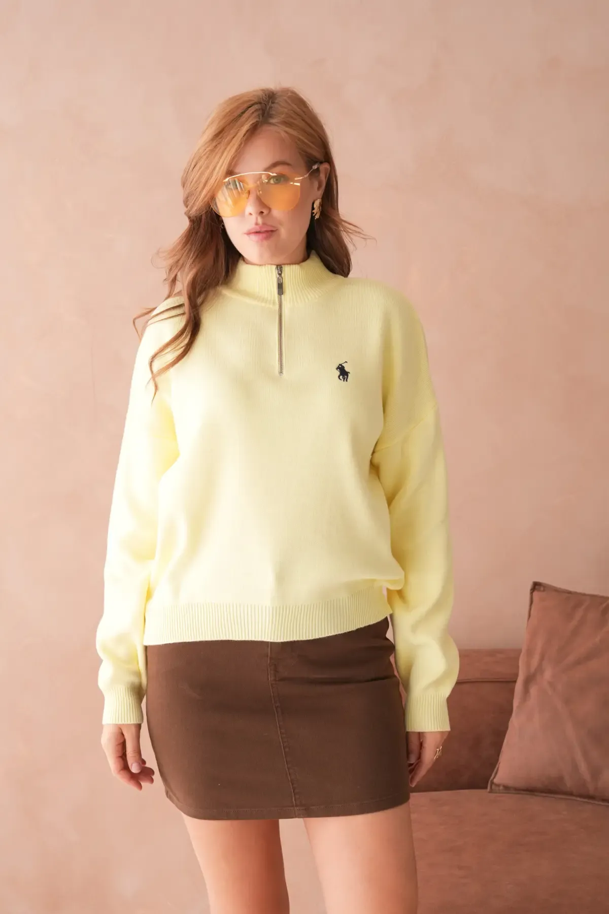 Kadın Dik Yaka Yarım Pat Fermuar Yumuşak Dokulu Triko Kazak 10536