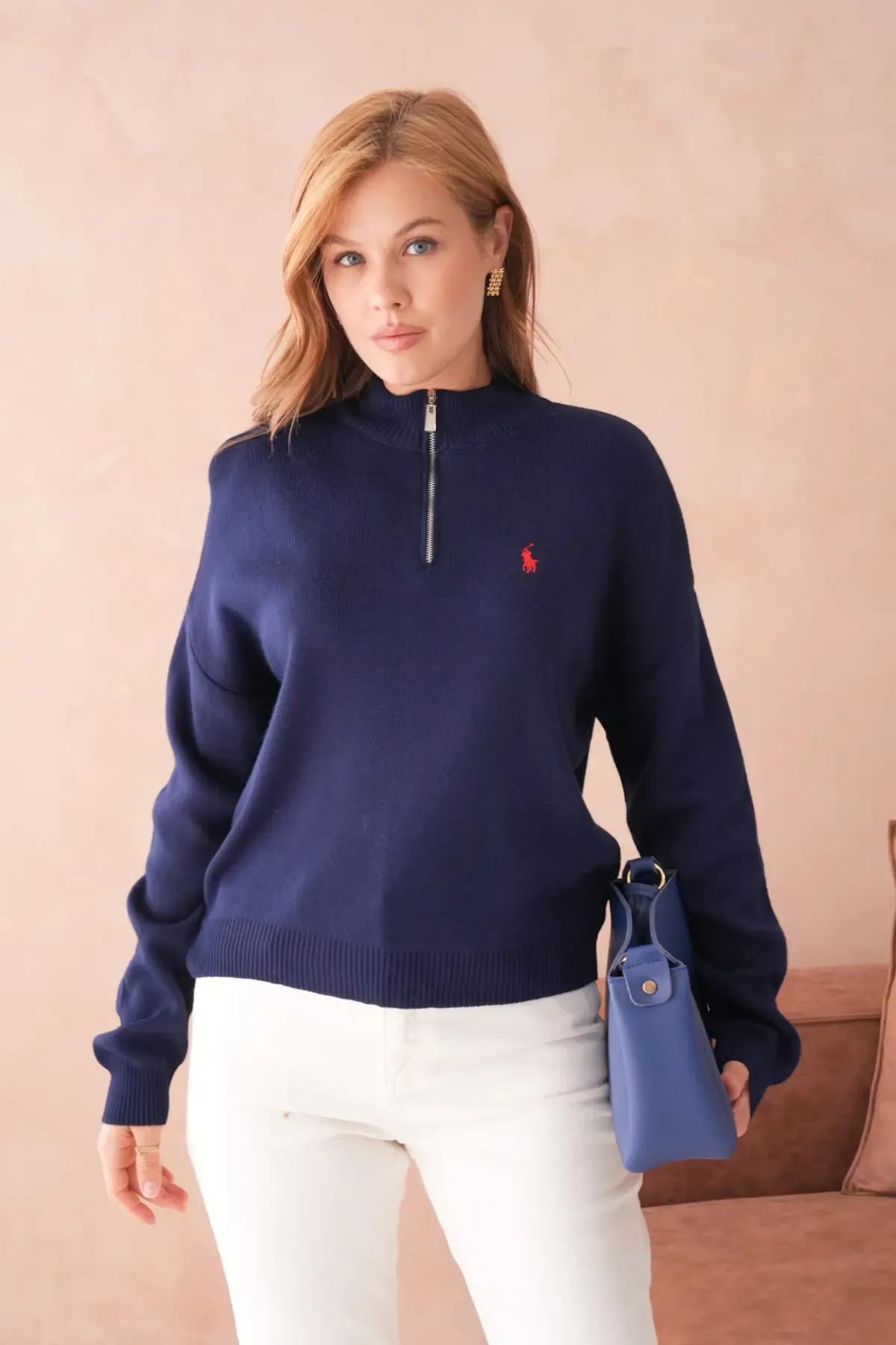 Kadın Dik Yaka Yarım Pat Fermuar Yumuşak Dokulu Triko Kazak 10536