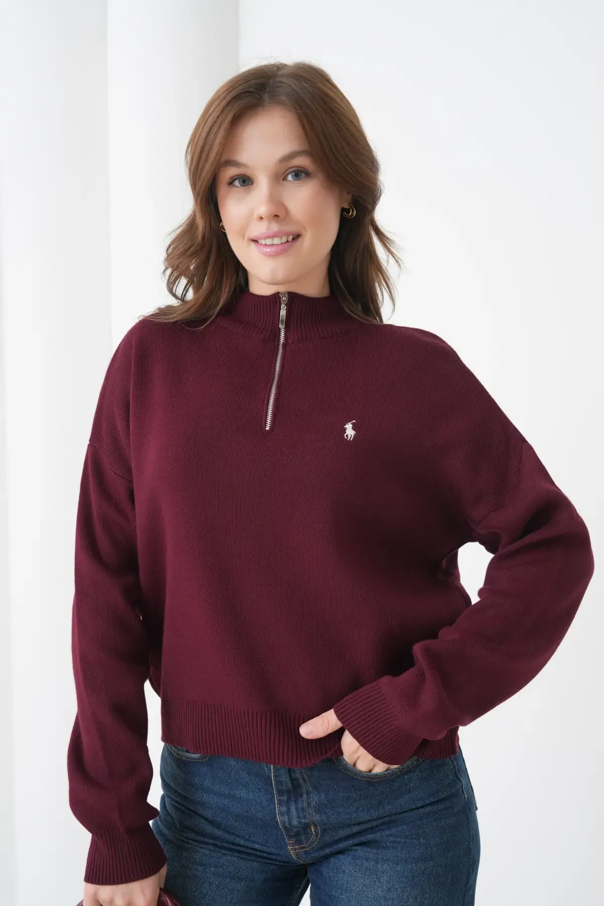 Kadın Dik Yaka Yarım Pat Fermuar Yumuşak Dokulu Triko Kazak 10536