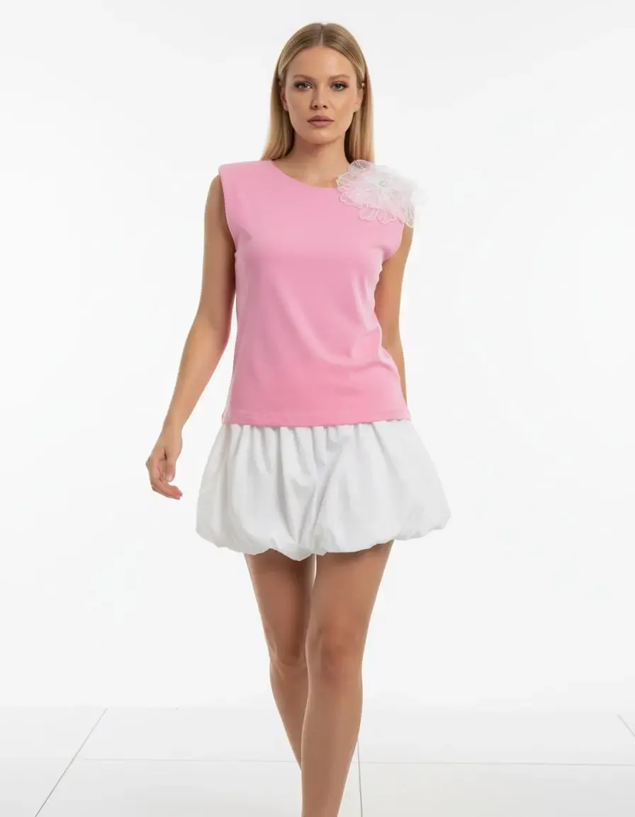 Kadın Geniş Yaka Aksesuar Detay Omuzları Vatkalı Penye Bluz 26003