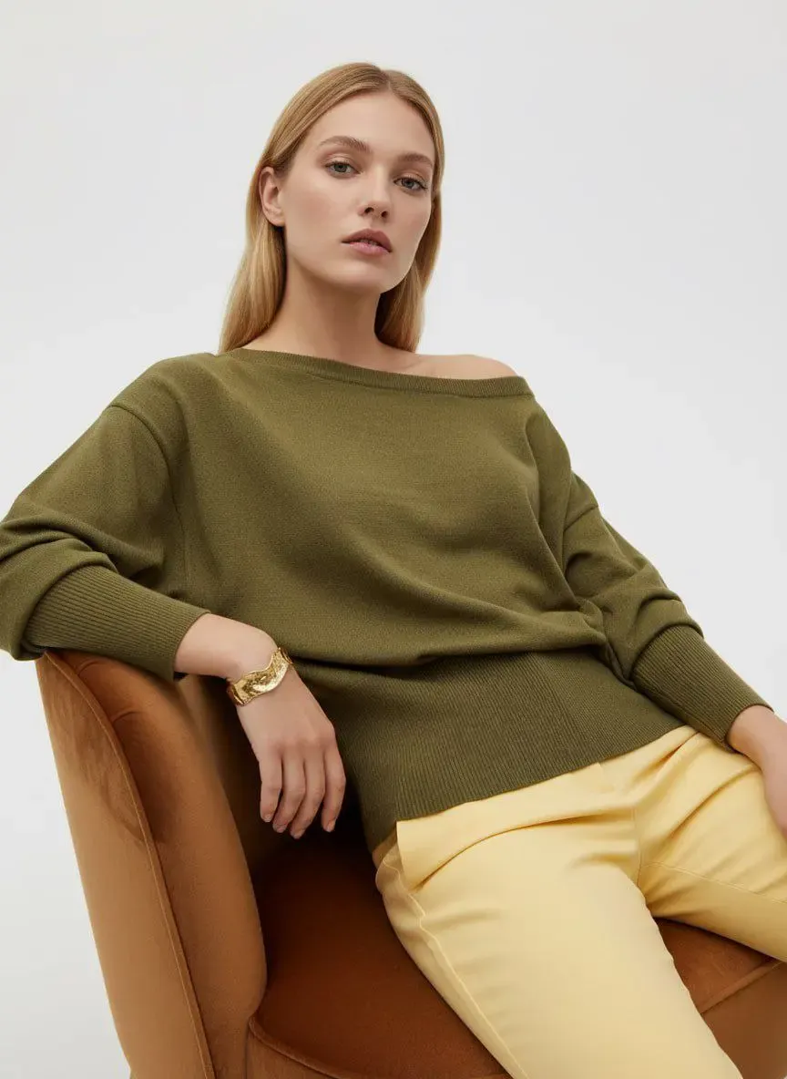 Kadın Geniş Yaka Kol Detay Premium İplik Yumuşak Dokulu triko kazak 12384.Crs