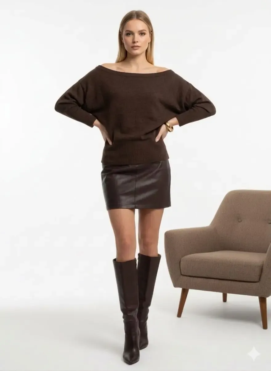 Kadın Geniş Yaka Kol Detay Premium İplik Yumuşak Dokulu triko kazak 12384.Crs