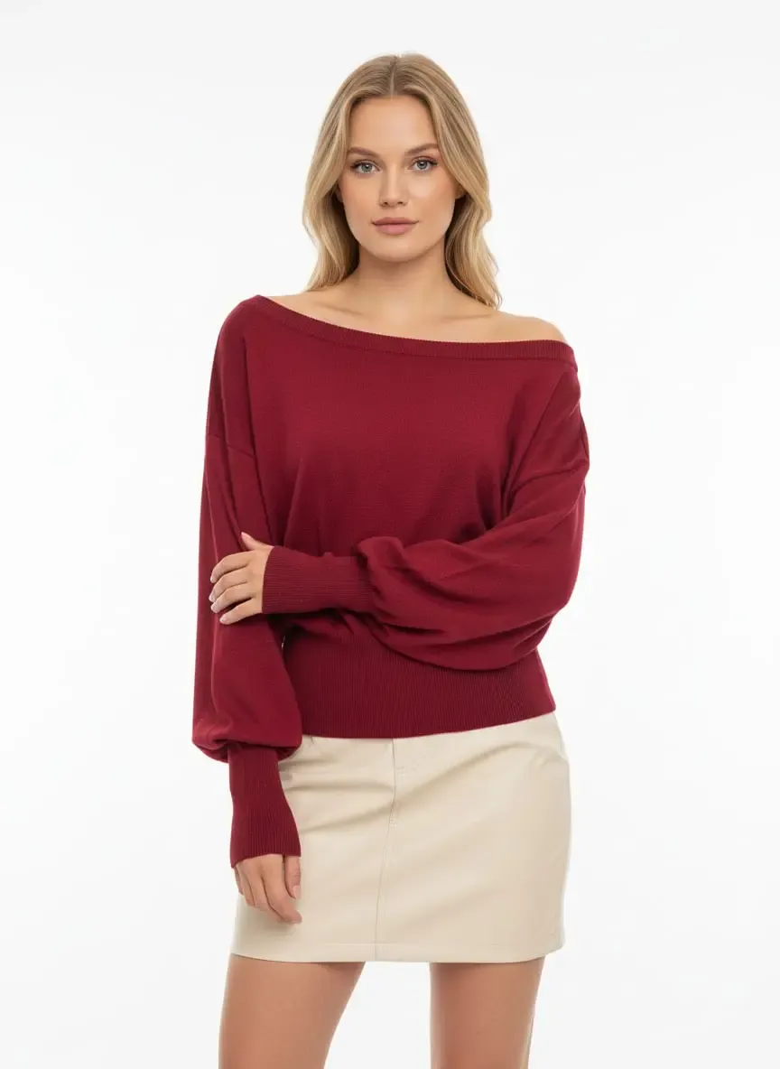 Kadın Geniş Yaka Kol Detay Premium İplik Yumuşak Dokulu triko kazak 12384.Crs