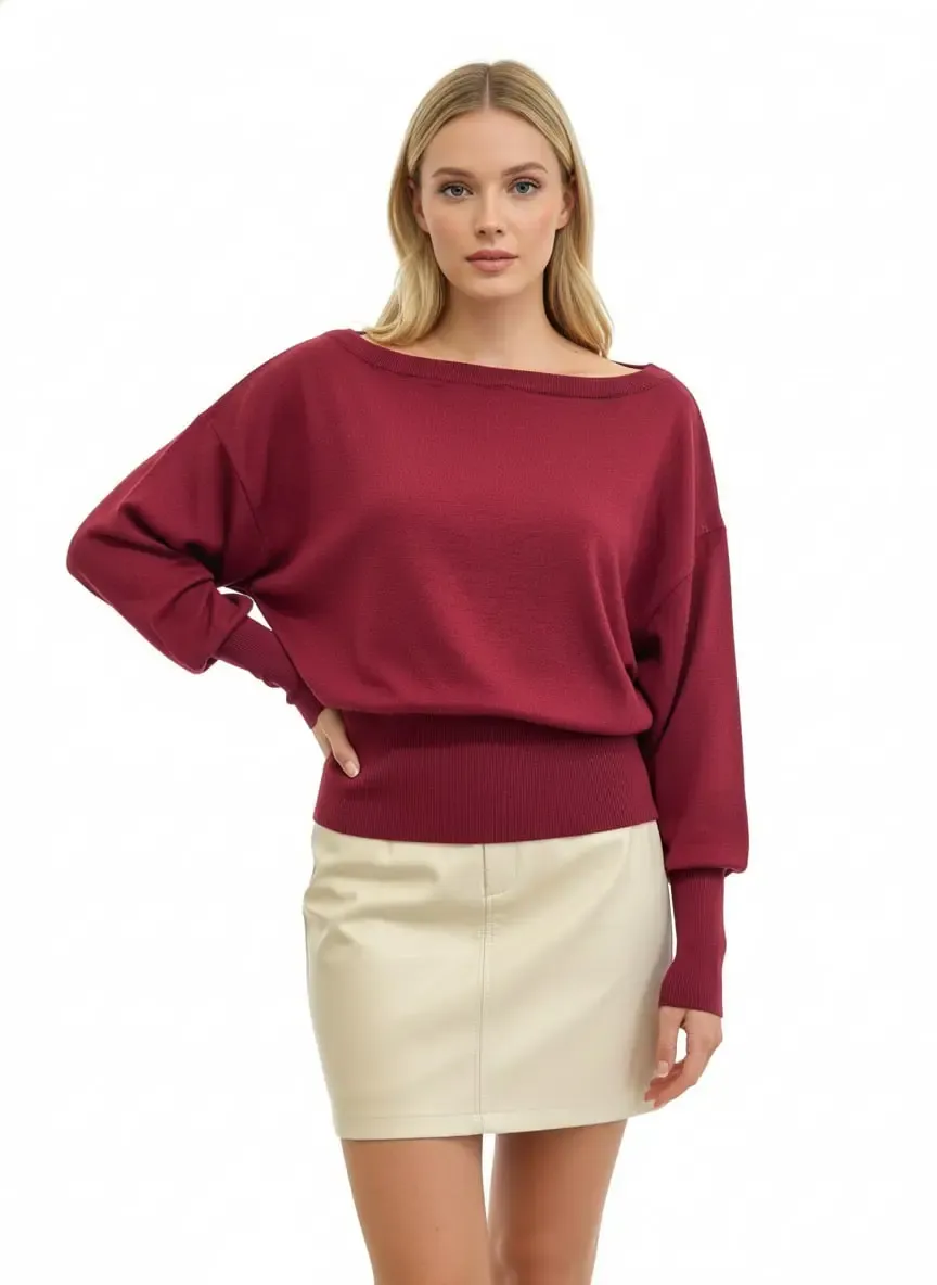 Kadın Geniş Yaka Kol Detay Premium İplik Yumuşak Dokulu triko kazak 12384.Crs