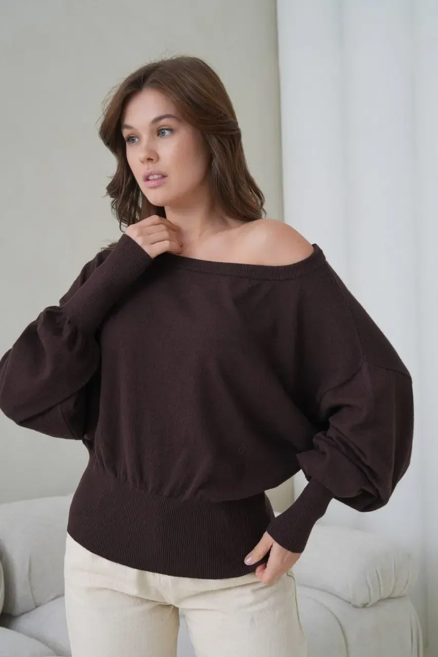 Kadın Geniş Yaka Kol Detay Premium İplik Yumuşak Dokulu triko kazak 12384.Crs