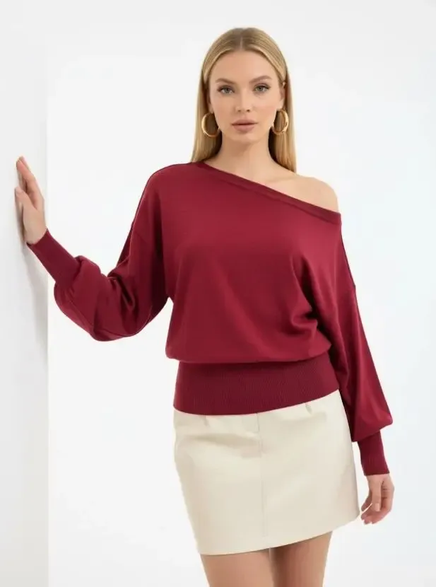 Kadın Geniş Yaka Kol Detay Premium İplik Yumuşak Dokulu triko kazak 12384.Crs