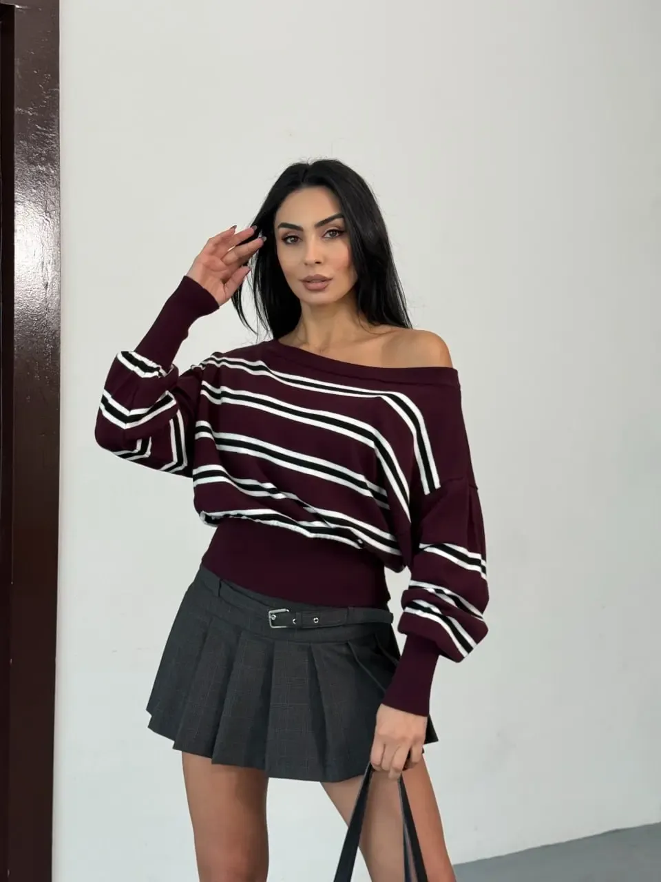 Kadın Geniş Yaka Kol Detay Premium İplik Yumuşak Dokulu triko kazak 12384.Crs