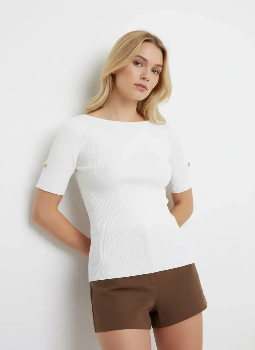 Kadın Geniş Yaka Selanik Örgü Aksesuar Detay Rayon Triko Kazak 12414.Ocn