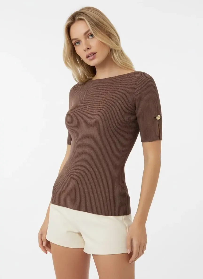 Kadın Geniş Yaka Selanik Örgü Aksesuar Detay Rayon Triko Kazak 12414.Ocn