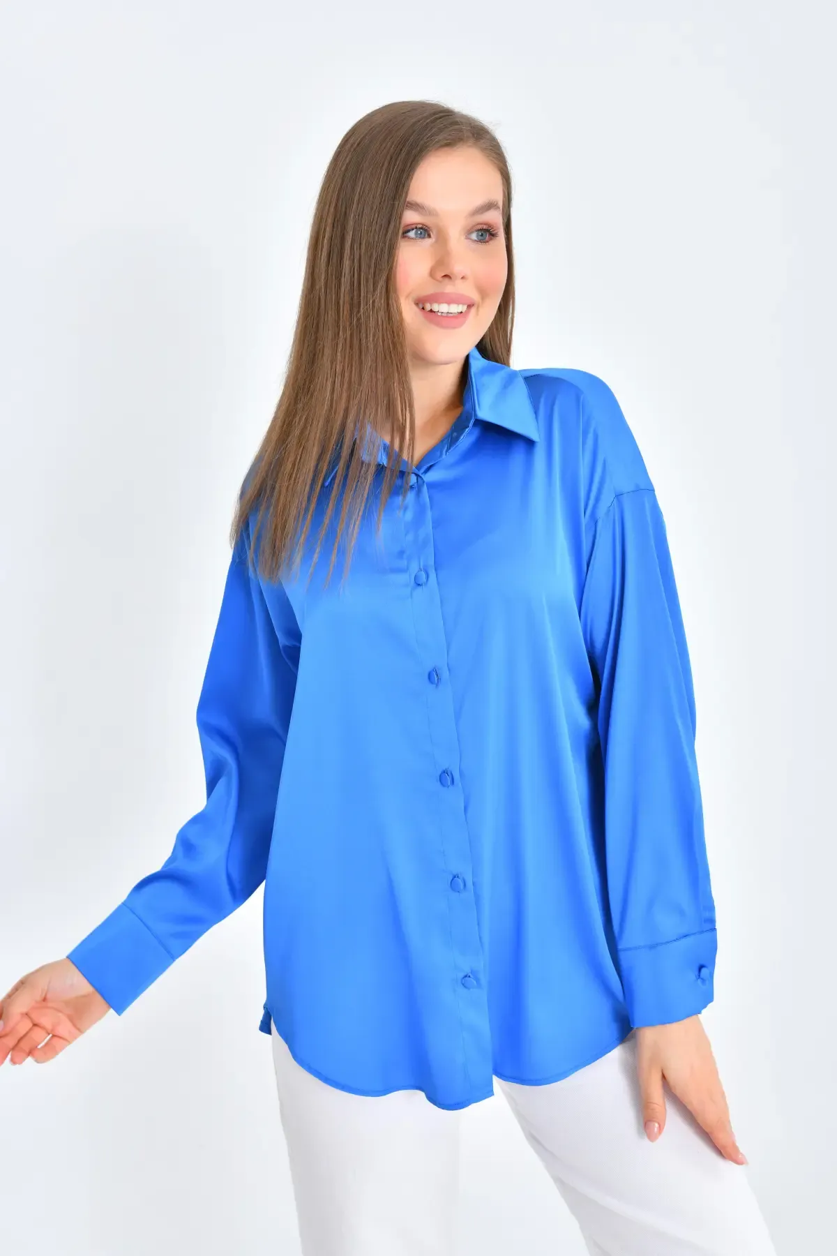 Kadın Hafif Dökümlü Saten Yüzeylioversize Basic Gömlek 21337