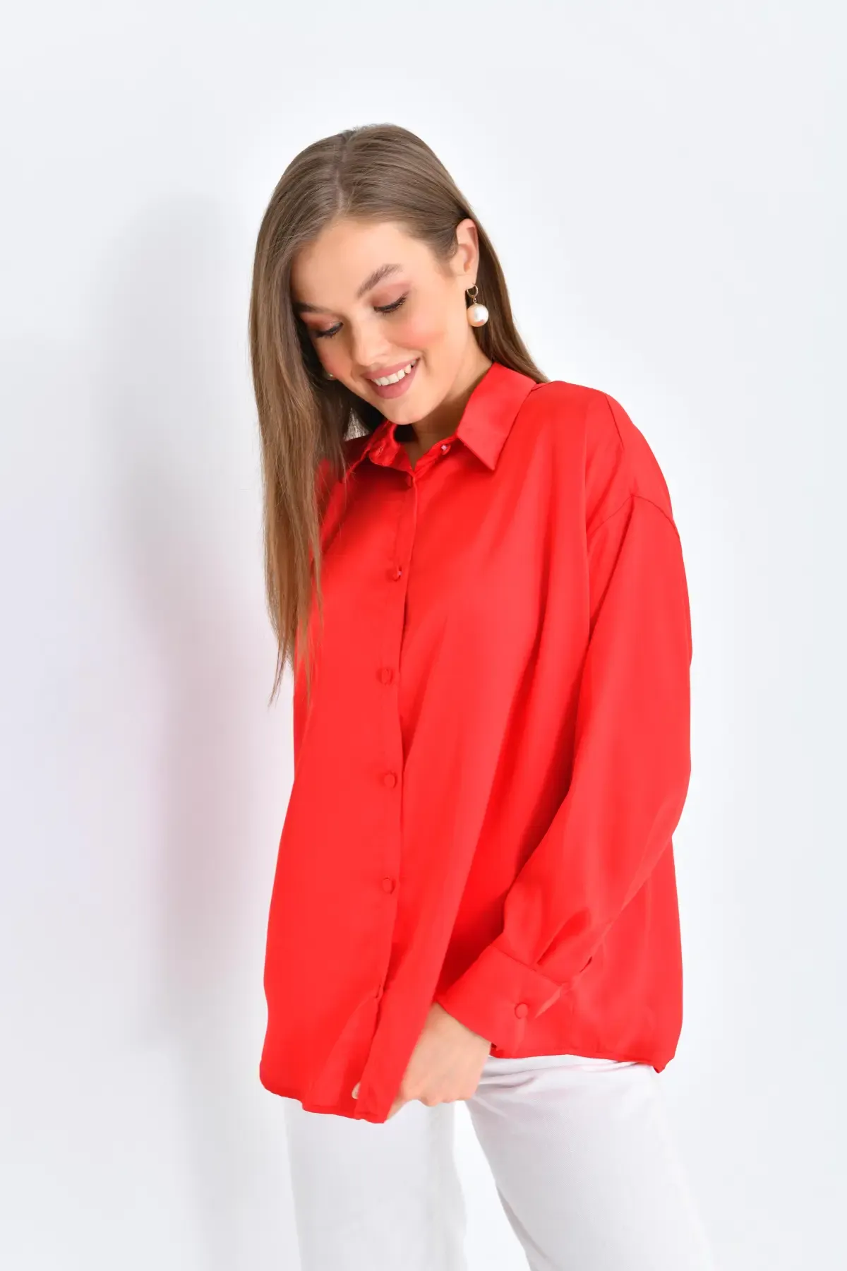 Kadın Hafif Dökümlü Saten Yüzeylioversize Basic Gömlek 21337