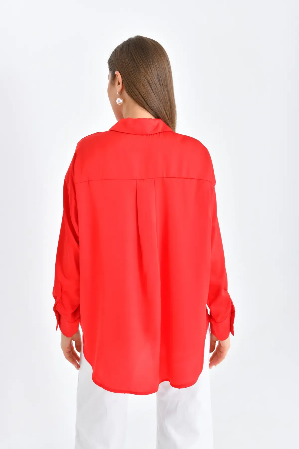 Kadın Hafif Dökümlü Saten Yüzeylioversize Basic Gömlek 21337
