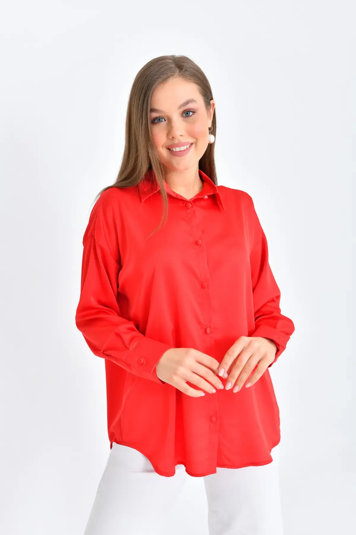 Kadın Hafif Dökümlü Saten Yüzeylioversize Basic Gömlek 21337