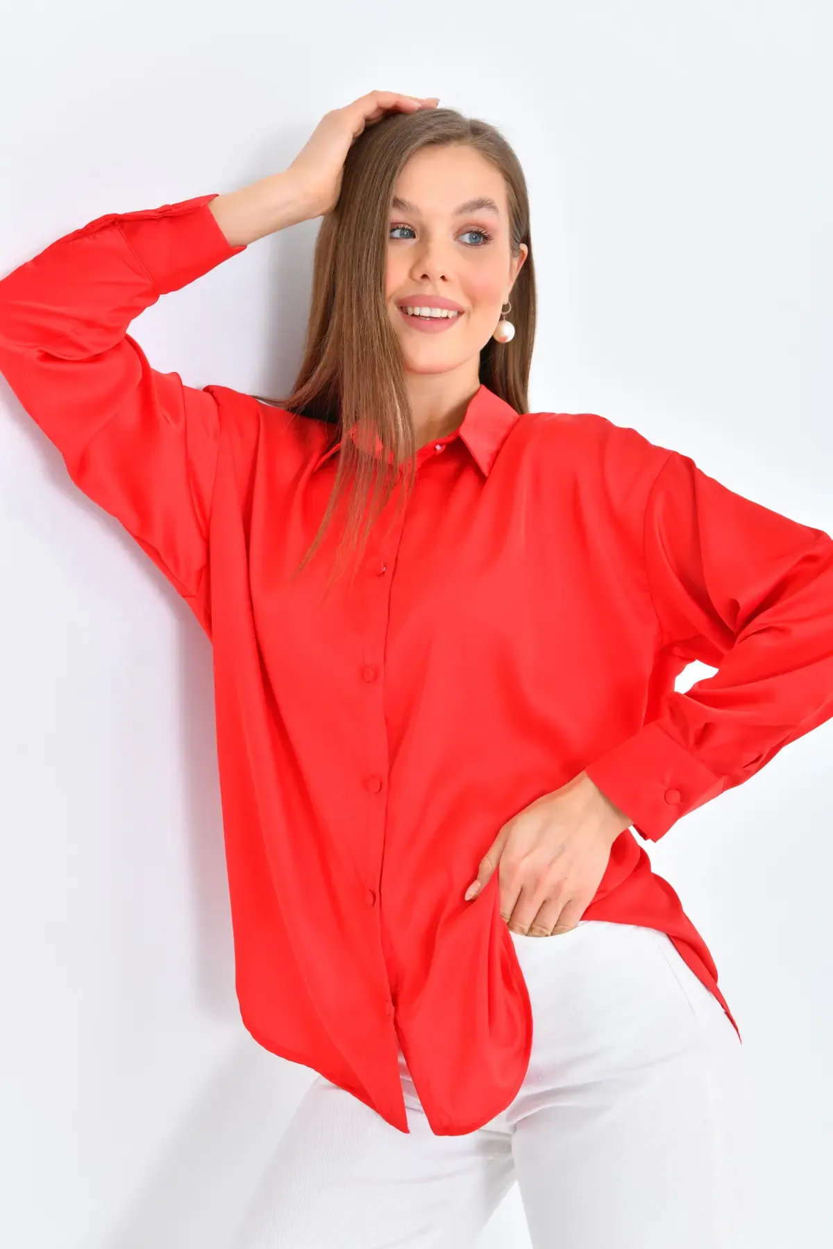 Kadın Hafif Dökümlü Saten Yüzeylioversize Basic Gömlek 21337