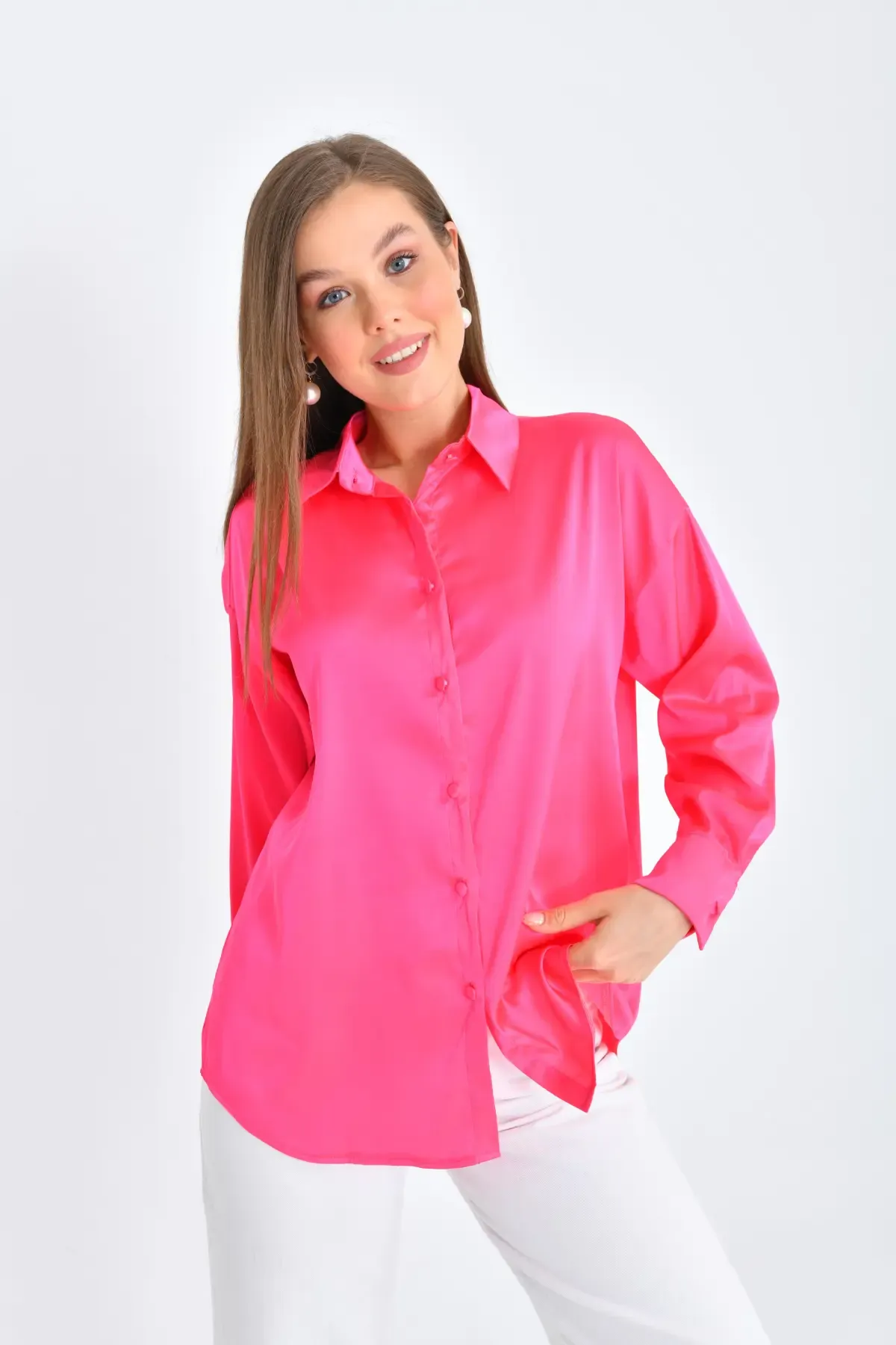 Kadın Hafif Dökümlü Saten Yüzeylioversize Basic Gömlek 21337