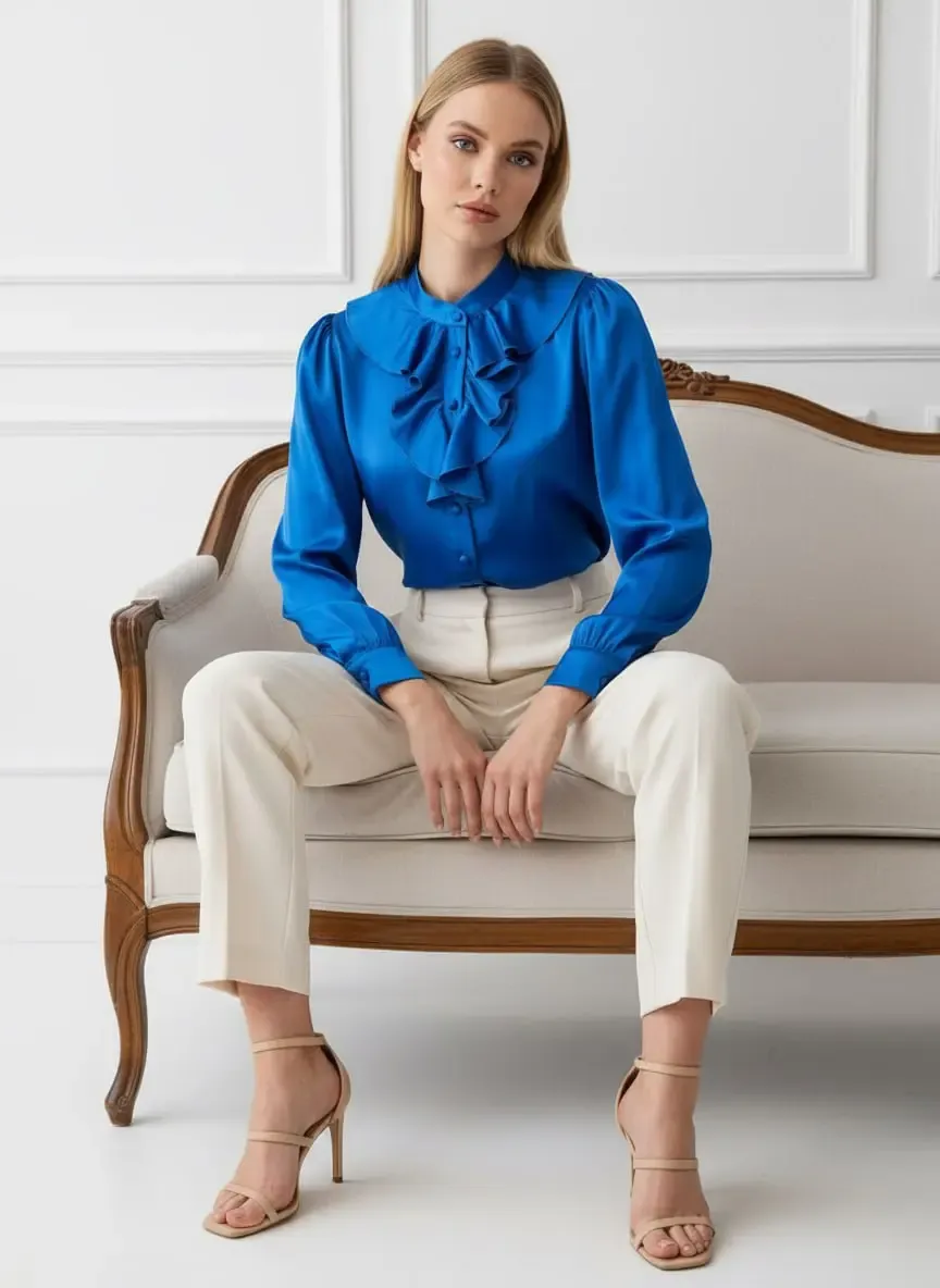 Kadın Hafif Dökümlü Volanlı Yaka Saten Gömlek 33033