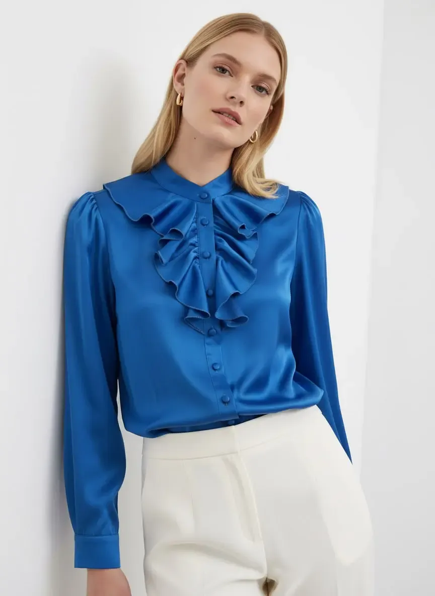 Kadın Hafif Dökümlü Volanlı Yaka Saten Gömlek 33033