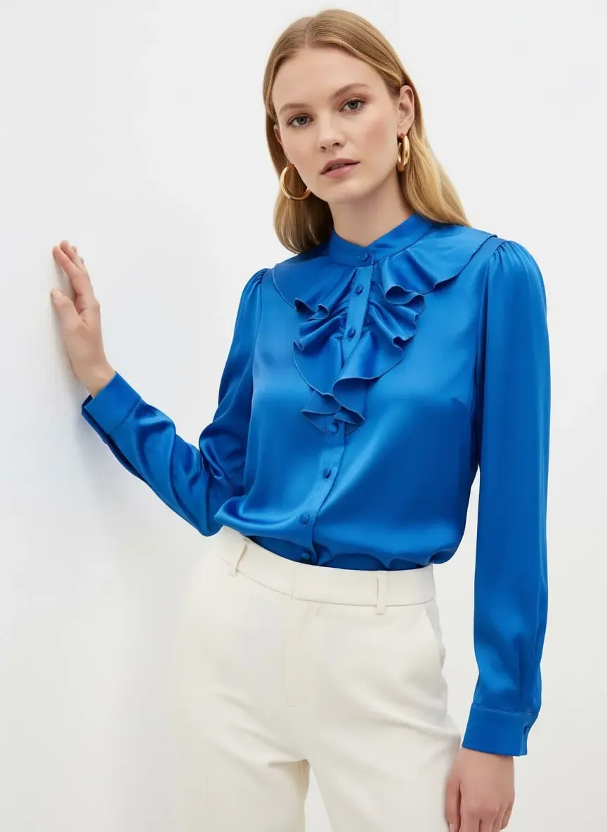 Kadın Hafif Dökümlü Volanlı Yaka Saten Gömlek 33033