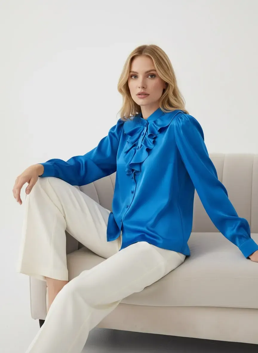 Kadın Hafif Dökümlü Volanlı Yaka Saten Gömlek 33033