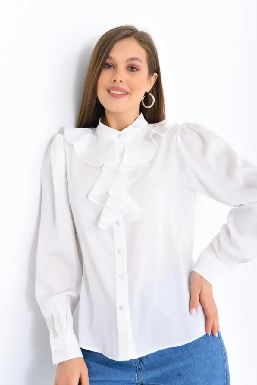 Kadın Hafif Dökümlü Volanlı Yaka Saten Gömlek 33033