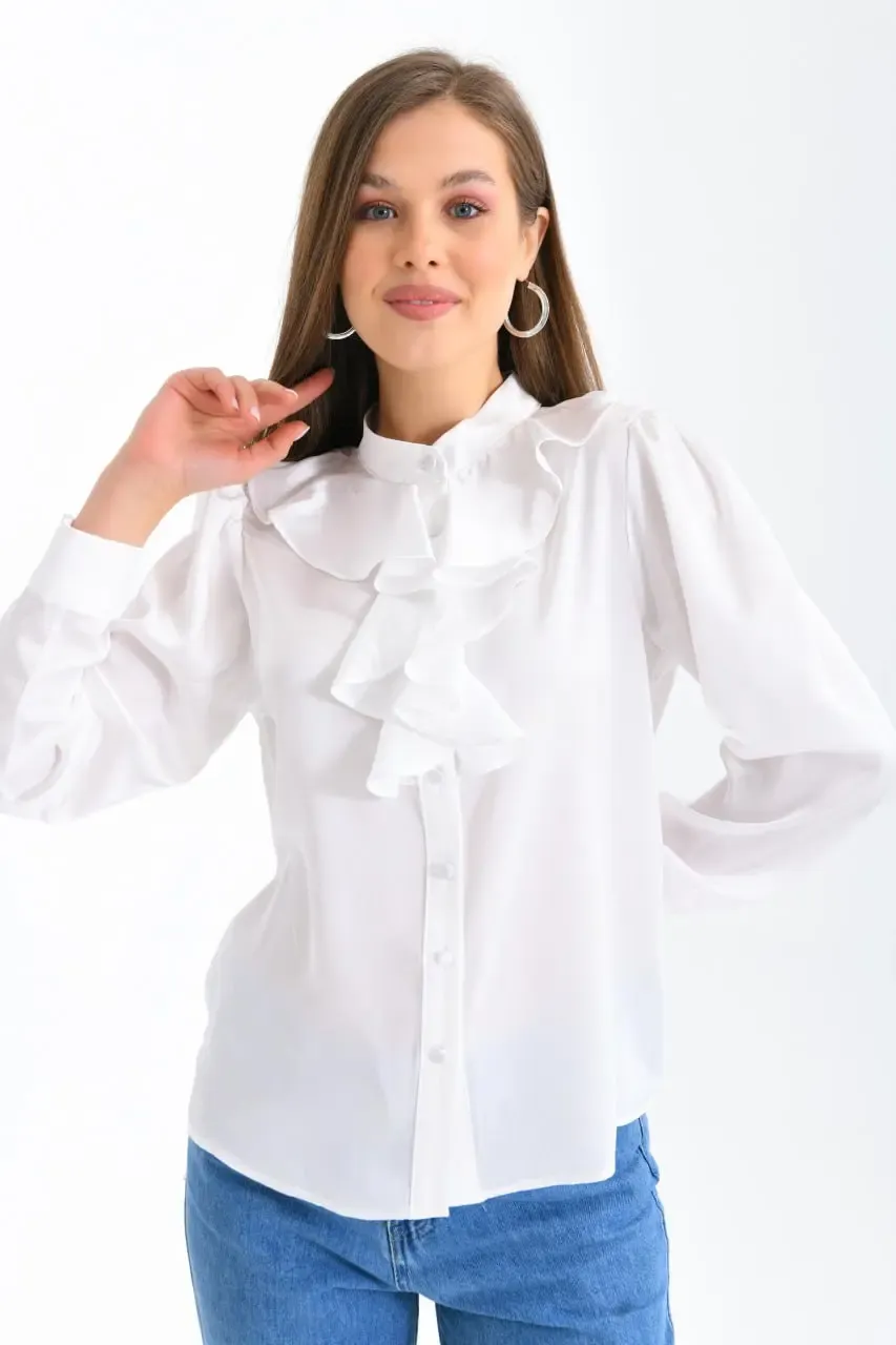 Kadın Hafif Dökümlü Volanlı Yaka Saten Gömlek 33033
