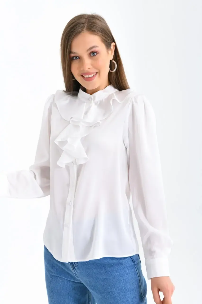 Kadın Hafif Dökümlü Volanlı Yaka Saten Gömlek 33033