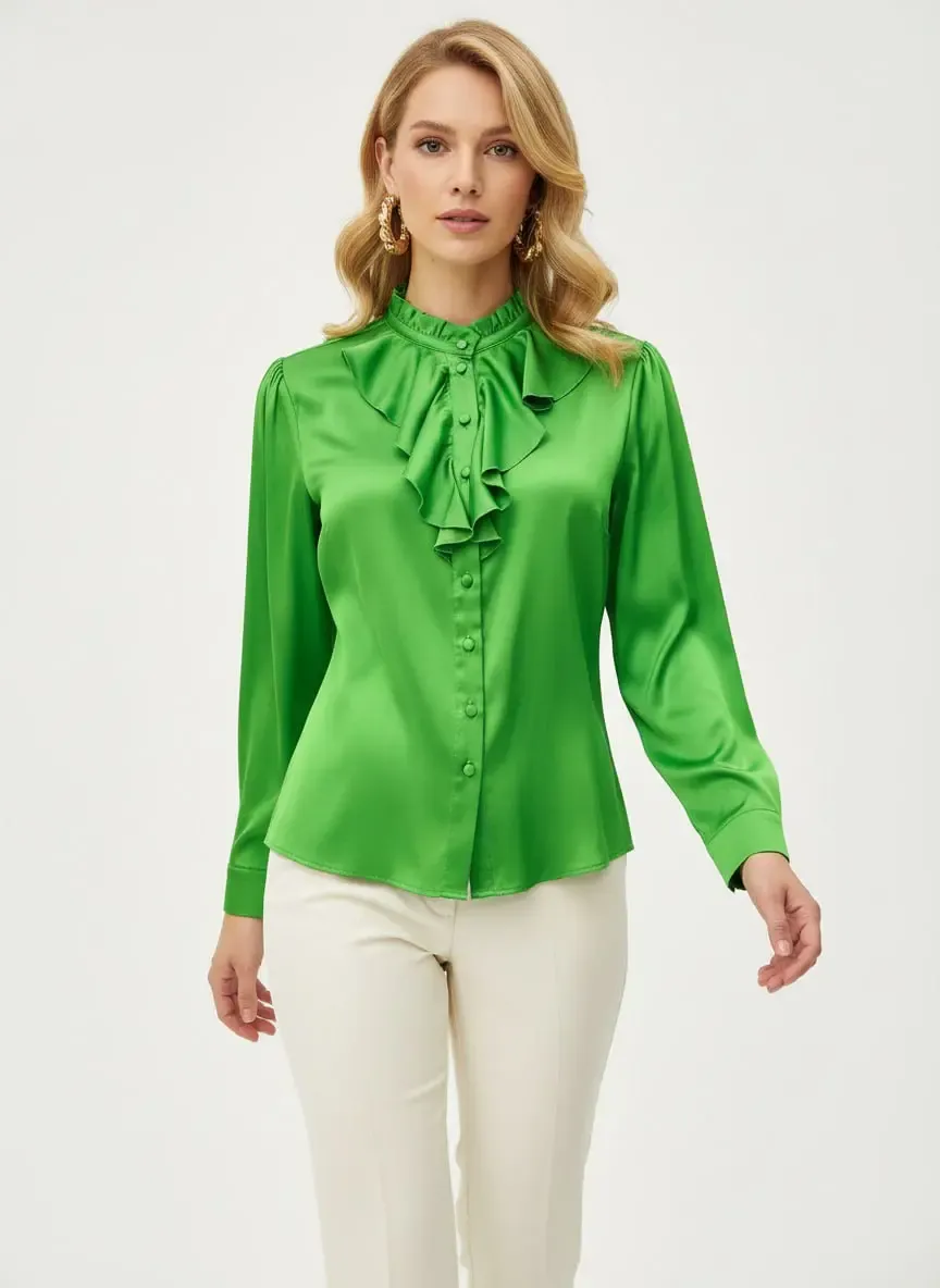 Kadın Hafif Dökümlü Volanlı Yaka Saten Gömlek 33033
