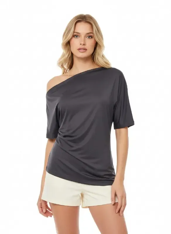 Kadın Kayık Yaka Asimetrik Kesim Büzgülü Penye Bluz 13017