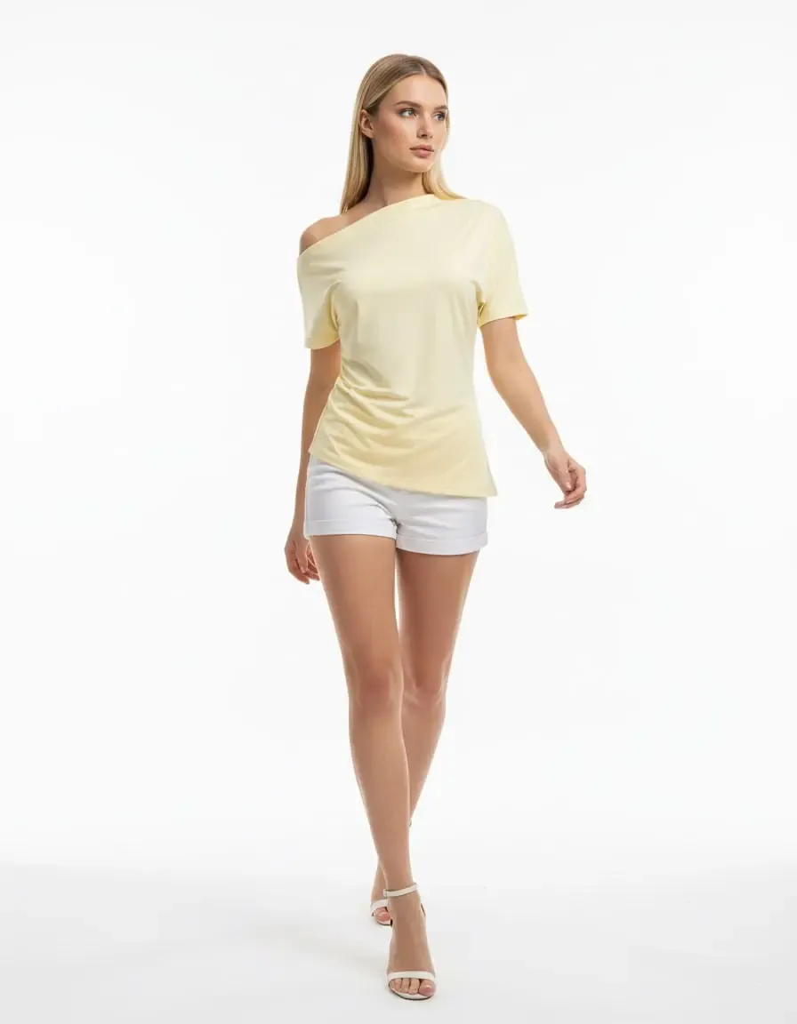 Kadın Kayık Yaka Asimetrik Kesim Büzgülü Penye Bluz 13017