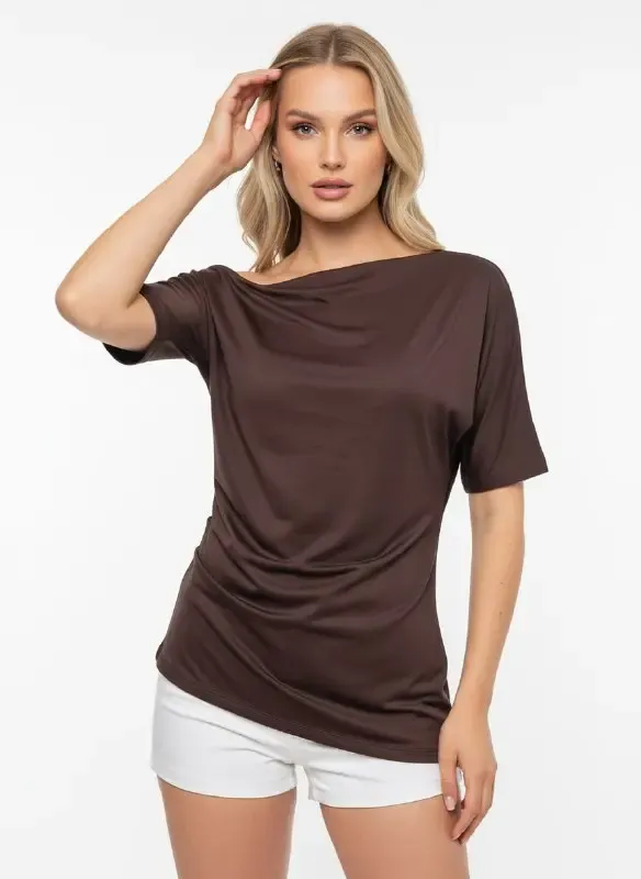 Kadın Kayık Yaka Asimetrik Kesim Büzgülü Penye Bluz 13017