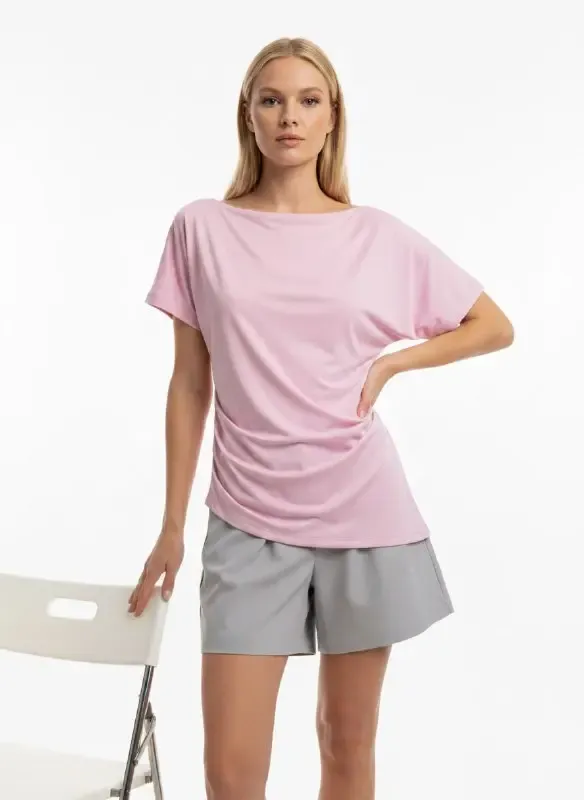 Kadın Kayık Yaka Asimetrik Kesim Büzgülü Penye Bluz 13017