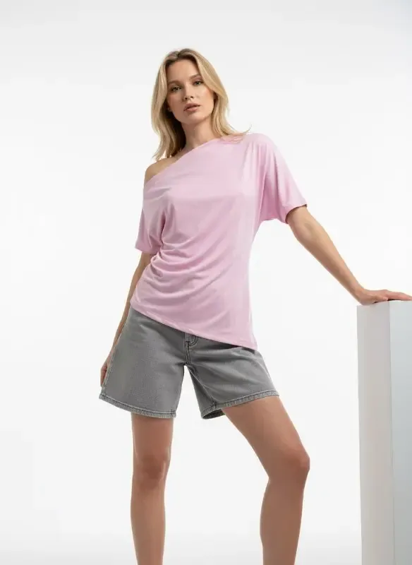 Kadın Kayık Yaka Asimetrik Kesim Büzgülü Penye Bluz 13017