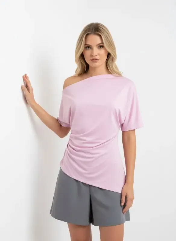 Kadın Kayık Yaka Asimetrik Kesim Büzgülü Penye Bluz 13017