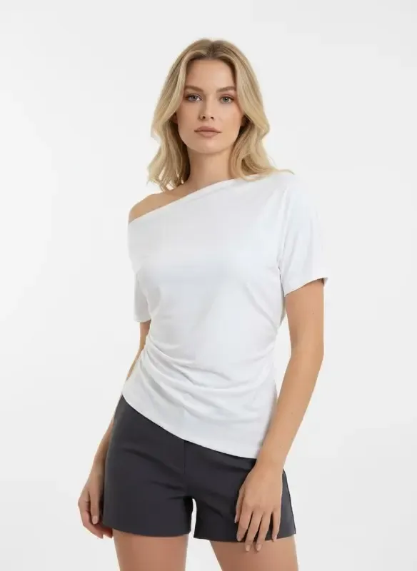 Kadın Kayık Yaka Asimetrik Kesim Büzgülü Penye Bluz 13017