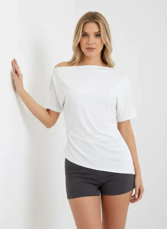 Kadın Kayık Yaka Asimetrik Kesim Büzgülü Penye Bluz 13017